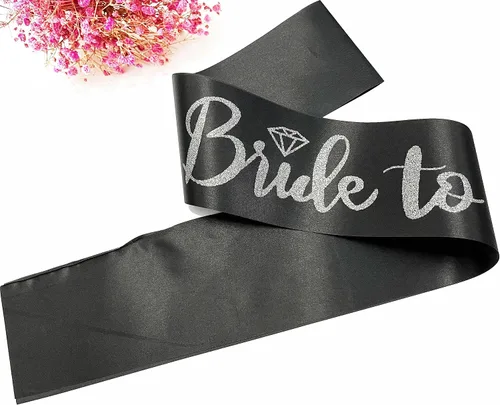 Miniatura 6 de Bride to Be - Banda de satén negro con letras plateadas con purpurina plateada, banda para despedida de soltera, boda, fiesta, recuerdos