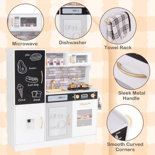 Miniatura 4 de HONEY JOY Juego de cocina para niños de 39 pulgadas, juego de cocina grande de madera con pizarrón, teléfono, utensilios, horno, microondas