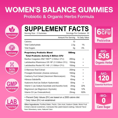 Miniatura 4 de Gomitas de equilibrio femenino para mujer, gomitas de equilibrio de pH prémium con probióticos para el equilibrio de la flora vaginal, suplemento