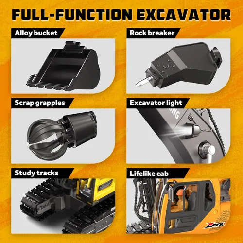 Miniatura 3 de Juguetes de excavadora con control remoto, 3 en 1 con cubeta de metal/garra/taladro, gira 680° - Juguetes de construcción con luces/2