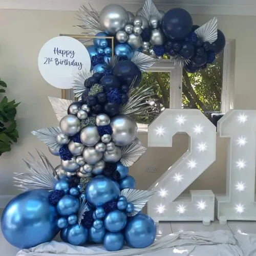 Miniatura 7 de Kit de arco de globos azules y plateados, 129 globos azul marino metálico de diferentes tamaños para decoraciones de fiestas de cumpleaños