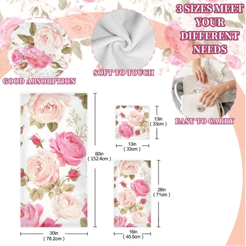 Miniatura 3 de susiyo Juego de toallas de baño de 3 piezas, suaves y altamente absorbentes, hermosas toallas de baño florales rosas rosas toallas de baño, toallas