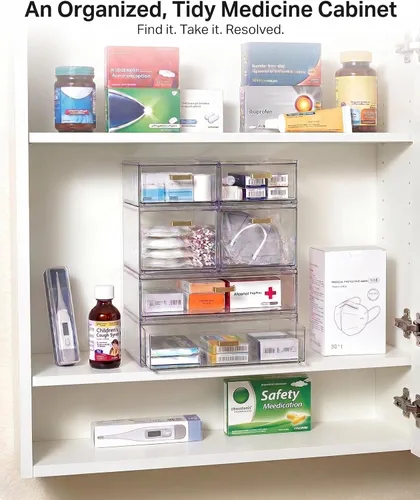 Miniatura 5 de LALOBLUE Cajones de almacenamiento apilables, paquete de 6 cubos organizadores de acrílico transparente con asas doradas, cajones de plástico