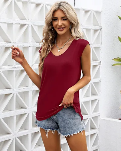 Miniatura 7 de Paquete de 2 camisetas de manga casquillo para mujer, ajuste holgado, casual, cuello en V, básicas, elegantes, camisetas sin mangas, camisetas tipo