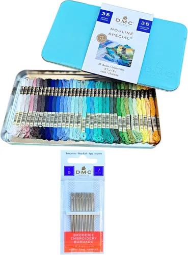 DMC Hilo de bordar, 35 colores escénicos, paquete surtido de hilos de bordado de algodón DMC con agujas de mano tamaño 5. suministros de punto de