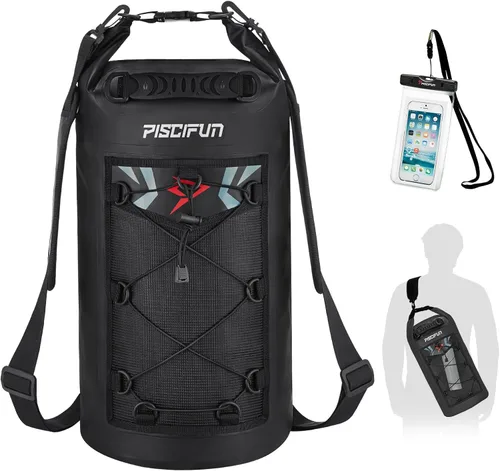 Piscifun Bolsa seca, mochila flotante impermeable 10L/20L/30L/40L con funda impermeable para teléfono para navegación, kayak, pesca Negro
