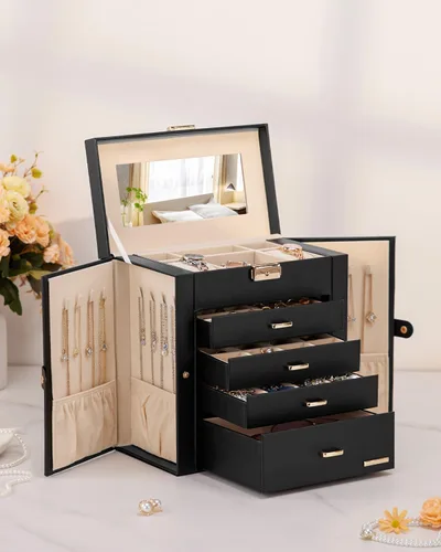 Miniatura 9 de Homde Regalos de Navidad de cuero sintético, enorme joyero, organizador de reloj con espejo, collar, anillo y aretes, estuche de regalo con Dorado