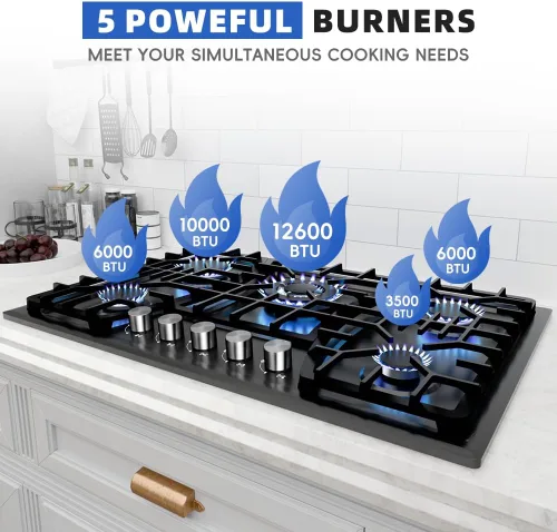 Miniatura 2 de Placa de cocina de gas de 30 pulgadas, estufa de 5 quemadores, encimera convertible de propano y gas natural integrada, encimera de acero inoxidable