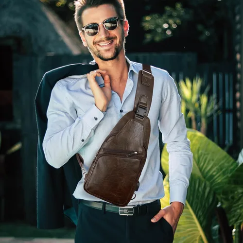 Miniatura 6 de Bolso bandolera de cuero para hombre, impermeable, bandolera con puerto de carga USB, bolsa de hombro, Café Oscuro, talla única, Viajar