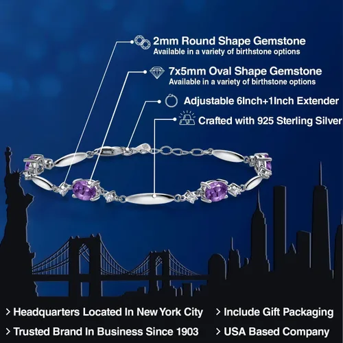 Miniatura 30 de Gem Stone King 925 Sterling Silver Gemstone Birthstone and White Created Sapphire Tennis Bracelet For Women Oval 7X5MM and 2MM 6 Inch + 1 Inch