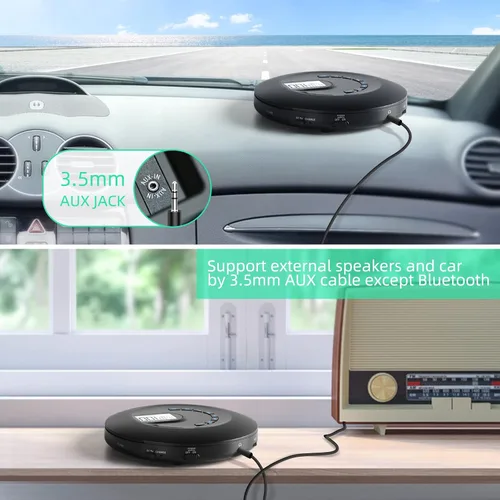 Miniatura 3 de Reproductor de CD portátil, reproductor de CD portátil recargable para coche y viajes, pequeño reproductor de CD con auriculares y antisaltos y a