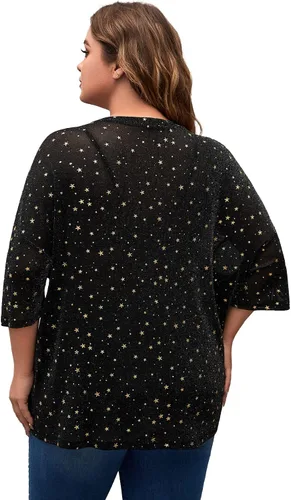 Miniatura 2 de MakeMeChic Camiseta de manga corta de malla transparente con purpurina para mujer, talla grande