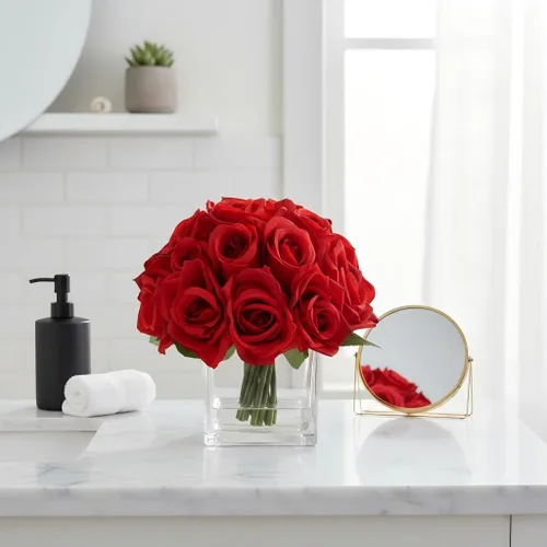 Miniatura 6 de 18 cabezas de rosas rojas falsas en jarrón con agua falsa, rosa de seda con jarrón para mesa de comedor, dormitorio, decoración de boda (rojo)