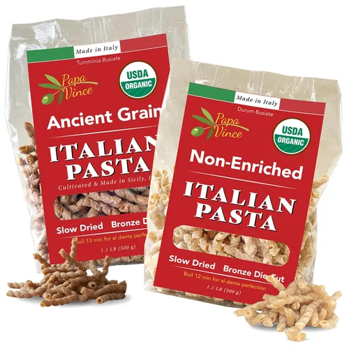 Papa Vince Pasta orgánica de trigo integral - No enriquecida, sin blanquear hecha de granos antiguos durum y timilia cultivados en Sicilia, Italia.