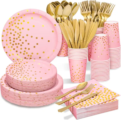 Suministros de fiesta rosa y dorado, juego de vajilla desechable de 350 piezas con platos de papel rosa, servilletas, vasos, juego de cubiertos de