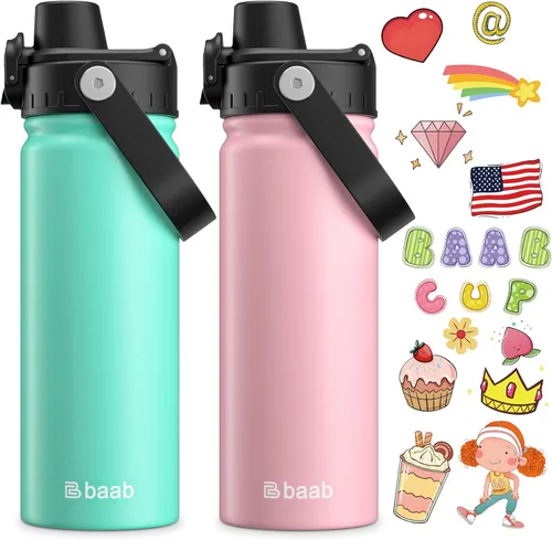 Miniatura 8 de baab Botella de Agua para Niños de 18 oz, Botella de Agua Aislada para Niños con Tapa de Boquilla Bloqueable y Calcomanías, Taza de Agua para Niños