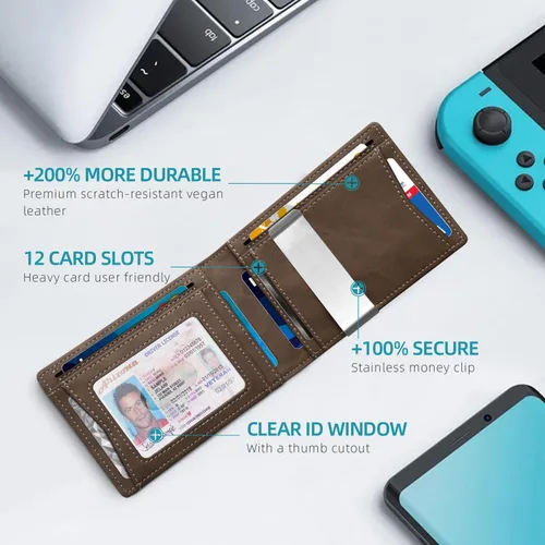 Miniatura 113 de Zitahli - Billetera delgada con 12 ranuras para tarjetas, ventana de identificación con clip para dinero, bolsillo frontal RFID plegable, pequeña