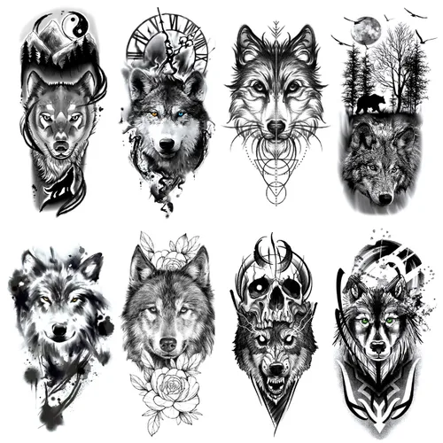 8 hojas lobo taichi tótem cráneo luna bosque flor brazo pierna tatuaje temporal XQB-07