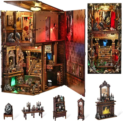 Kit de Rincón de Libro Espeluznante DIY, Casa de Muñecas en Miniatura Rompecabezas 3D de Halloween, Rompecabezas de Madera 3D de Terror Aterrador