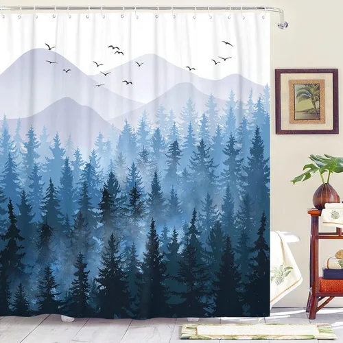 Accnicc Juego de cortinas de ducha de bosque brumoso, color azul marino, pino, impermeable, de tela impermeable para baño, decoración moderna de 72