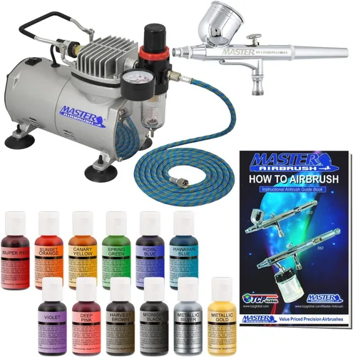 Master Airbrush Kit de decoración de aerógrafo para pasteles con compresor doble ventilador, cepillo de aire de alimentación por gravedad para