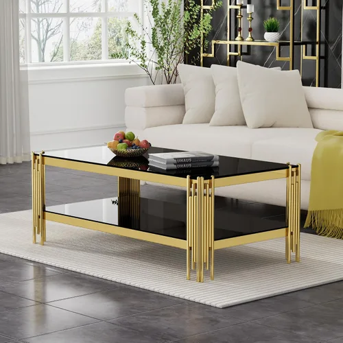Miniatura 3 de Mesa auxiliar rectangular de vidrio de 48 pulgadas, mesa de centro de 2 niveles con parte superior de vidrio templado negro, patas de acero