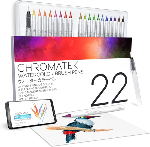Miniatura 9 de CHROMATEK 30 bolígrafos de acuarela Bloc tutorial de 15 páginas y serie de videos en línea Puntas de pincel Calidad de artista profesional