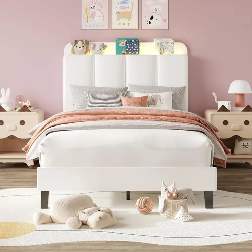 Miniatura 9 de BarnFurin Base de cama individual con luces LED, plataforma tapizada con cabecera de almacenamiento, marco de cama individual, sin ruido,