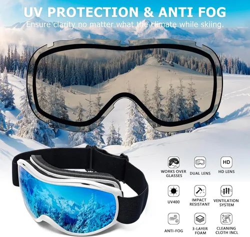 Miniatura 2 de FMY Gafas de esquí y snowboard OTG, protección UV400, anti niebla, gafas de esquí para motos de nieve para hombres, mujeres y jóvenes Marco blanco