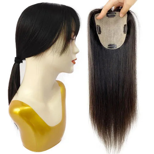 150 % de densidad, base de seda, cabello humano virgen, 4.7 x 5.1 in, clip en el cabello, tupé europeo de la misma longitud con flequillo de 5 x 5