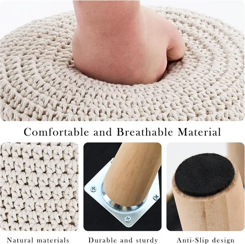 Miniatura 6 de Taburete otomano redondo de punto de algodón moderno reposapiés otomano con patas de madera antideslizantes para sala de estar, dormitorio