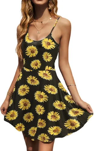 ACEVOG Vestido de verano para mujer floral sin mangas ajustable con tirantes delgados cuello en V salida de baño acampanado debajo de la rodilla