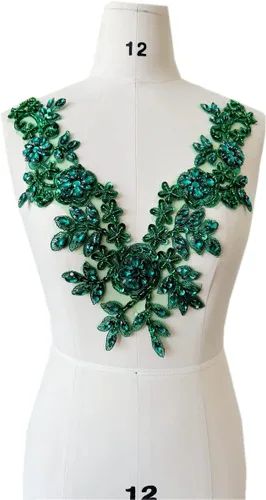 Miniatura 2 de Piedras de imitación hechas a mano apliques de encaje cuentas de costura a mano Trim Parches Accesorios para vestido escote (verde profundo)