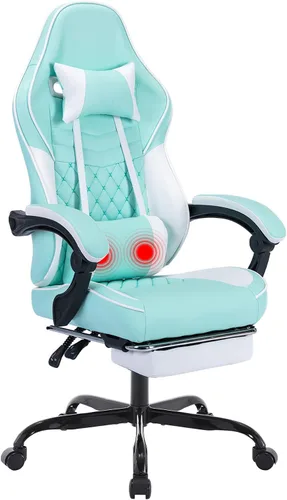 Miniatura 10 de Silla ergonómica para juegos estilo carreras, silla de jugador de respaldo alto con reposapiés, lumbar ajustable, masaje, reposabrazos de enlace