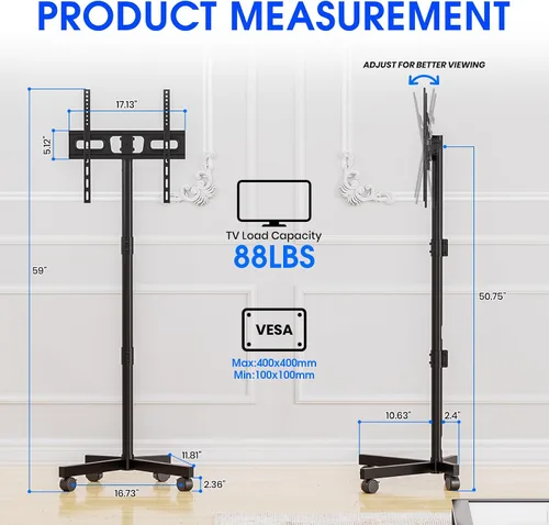 Miniatura 2 de Soporte de TV móvil para televisores de pantalla plana LCD LED OLED de 23 a 60 pulgadas de hasta 88 libras, inclinación y altura ajustable, ruedas