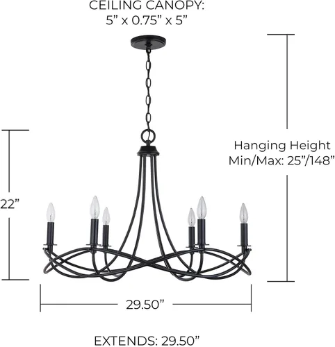 Miniatura 7 de Capital Lighting 431661MB Sonnet - Candelabro con marco de metal, 6 luces, 360 vatios totales, 22 pulgadas de alto x 30 pulgadas de ancho, negro mate