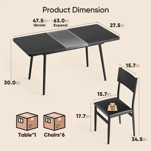 Miniatura 2 de Ahomly Juego de mesa de comedor extensible de 7 piezas con 6 sillas acolchadas, juego de mesa de comedor de 63 pulgadas para 4-6, juego de mesa