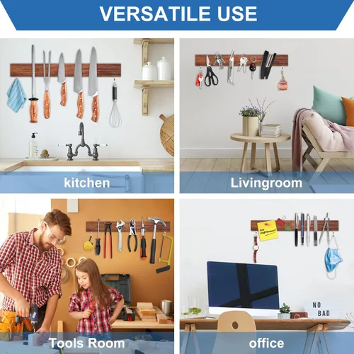 Miniatura 5 de Soporte magnético para cuchillos para pared, tira magnética para cuchillos sin taladrar de 16 pulgadas, tira magnética de madera de nogal con 2