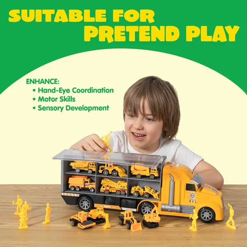 Miniatura 4 de JOYIN Juego de camiones de construcción 25 en 1 con 12 vehículos y 12 figuras de trabajadores, camiones de juguete Push and Go con sonido y luz