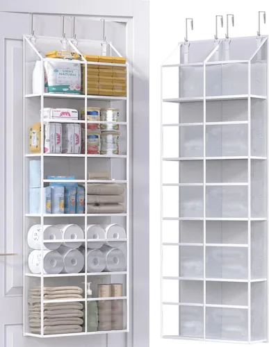 ALLTIDYUP Organizador transparente para puerta, tela Oxford resistente, 50 libras, 5 estantes transparentes para colgar con 10 bolsillos para baño,