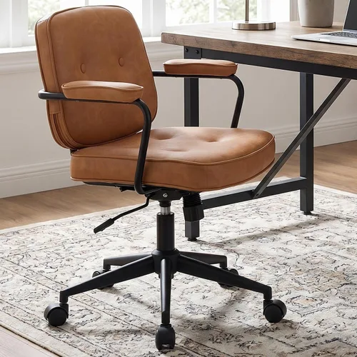 LukeAlon Silla de oficina ajustable de piel sintética, cómoda silla giratoria de 360° con reposabrazos, asiento grueso moderno, silla de escritorio,