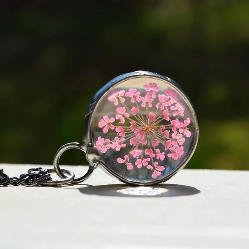 Miniatura 41 de Queen Anne's - Collar de encaje con colgante de flor prensada real en cristal hecho a mano, joyería de flores silvestres, collares de encaje