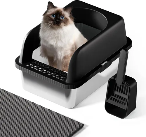 Caja de arena para gatos de acero inoxidable con tapa, 20 pulgadas de largo x 14.2 pulgadas de ancho x 11.8 pulgadas de alto, caja de arena grande