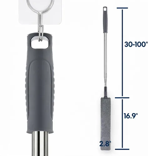 Miniatura 6 de Limpiador de polvo retráctil con poste de extensión, herramientas de limpieza con 3 paños de microfibra, plumero de mango largo extensible para Gris