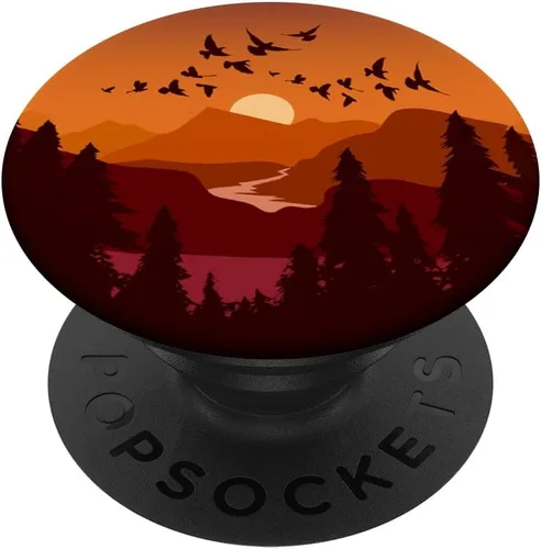 Orange Sunset Mountains Landscape Birds Beautiful PopGrip intercambiable PopSockets de paisajes