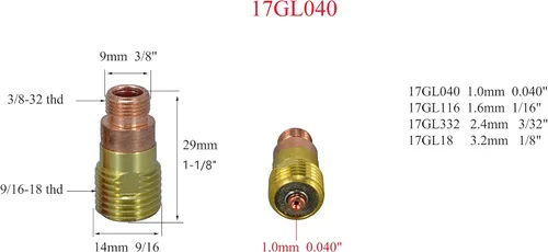 Miniatura 5 de RIVERWELD TIG Stubby - Cuerpos de pinza de lente de gas 17GL116 10N23S 1/16 "17GL332 10N24S 3/32 pulgadas, boquilla de cuarzo transparente #10 5/8