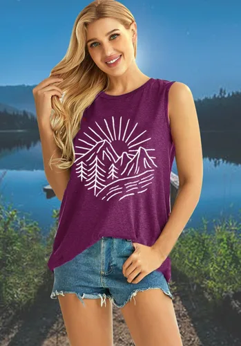 Miniatura 27 de Camisetas sin mangas de senderismo y montaña para mujer, divertidas camisetas de entrenamiento con gráficos de pino y amanecer, camisetas de verano
