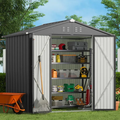 Miniatura 17 de Gizoon Cobertizo de almacenamiento para exteriores de 8 x 6 pies, cobertizo de jardín de metal galvanizado con puertas dobles con cerradura, Marrón