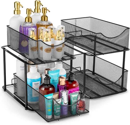 Miniatura 10 de Sorbus Organizador de metal para debajo del fregadero de 2 niveles para baño, cocina, cajones deslizantes de malla de acero fuerte para debajo