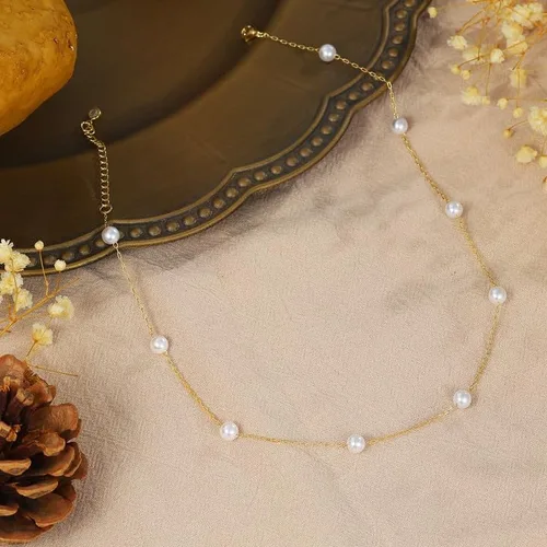 Miniatura 6 de Gargantilla de perlas para mujer, delicada cadena de perlas chapada en oro de 14 quilates, joyería de oro simple y moderna, regalo para niñas